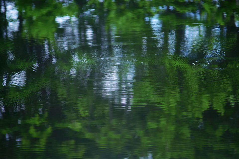 The lake, still, with hills behind